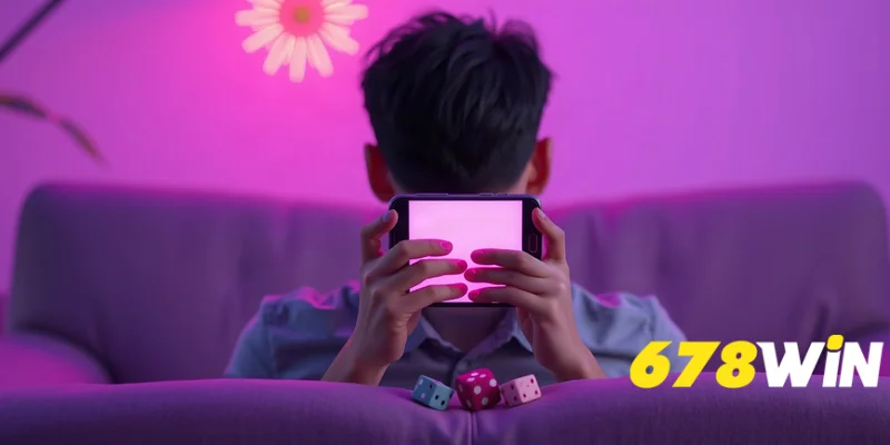 Người chơi Việt Nam cầm điện thoại xem nhà cái 678win trên ghế sofa