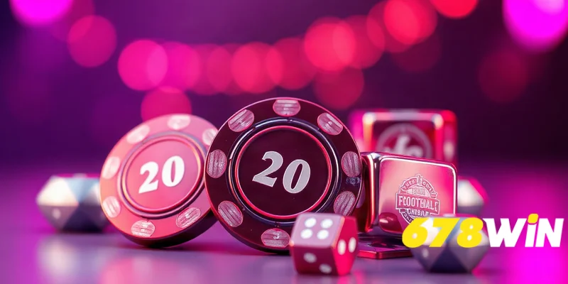 Chip casino và xúc xắc macro minh họa khuyến mãi 678win