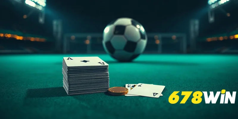 Hai chồng bài trên bàn baccarat xanh, một chip vàng ở giữa, ánh sáng sân vận động.