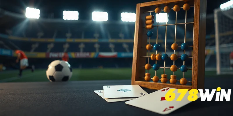 Bàn tính gỗ với hạt vàng xanh bên hai lá bài, tượng trưng cách tính điểm baccarat.