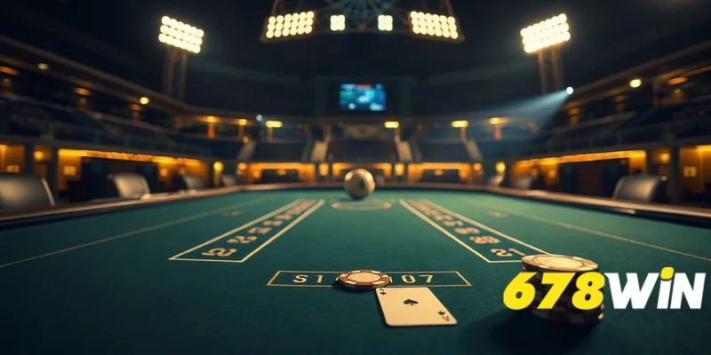 Bàn baccarat trống với chip và một lá bài dưới ánh đèn sân vận động, không có người.