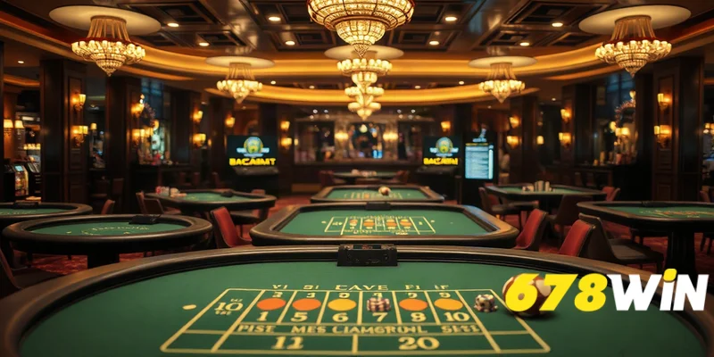 Sàn casino sang trọng với bàn baccarat trải nỉ xanh, ánh sáng ấm áp, không gian cao cấp.