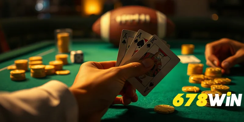 Cận cảnh hai lá bài trên bàn nỉ xanh, chip vàng đặt cạnh, ánh sáng ấm, chi tiết sắc nét.