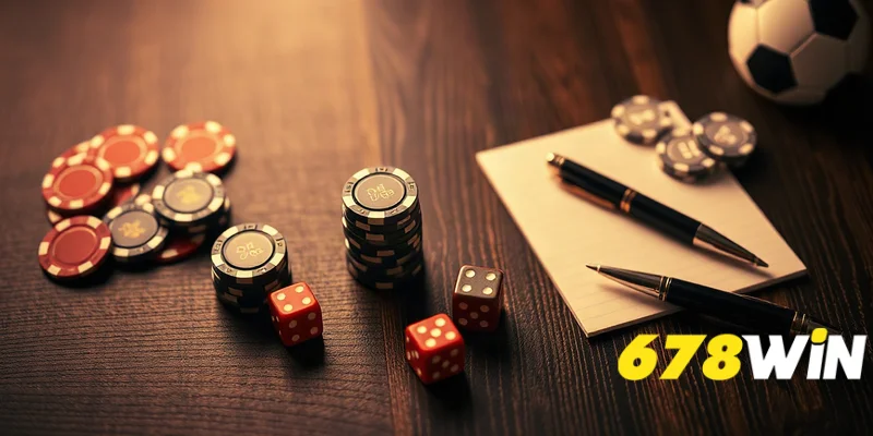 Ảnh chụp từ trên xuống các vật dụng baccarat: chip xếp, xúc xắc, sổ tay trên bề mặt gỗ tối.