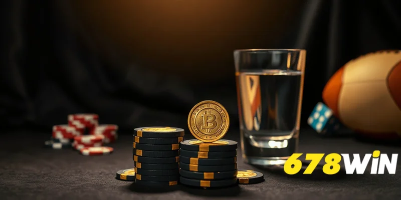 Vẫn vật với chip vàng trên chồng chip đen, ly nước bên cạnh, nền nhung tối, ánh sáng kịch tính.