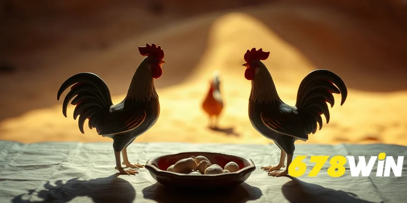 Hình ảnh tĩnh vật hai chú gà chọi đối mặt trên bàn, ánh sáng kịch tính