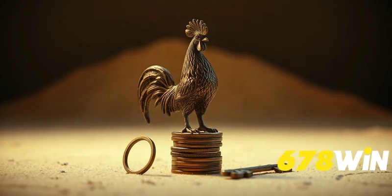 Tượng gà bằng đồng đặt trên chồng xu và chìa khóa, ánh sáng ấm