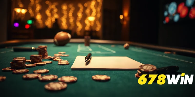 Bàn poker với chip và sổ ghi chú, thể hiện quản lý vốn và chiến thuật