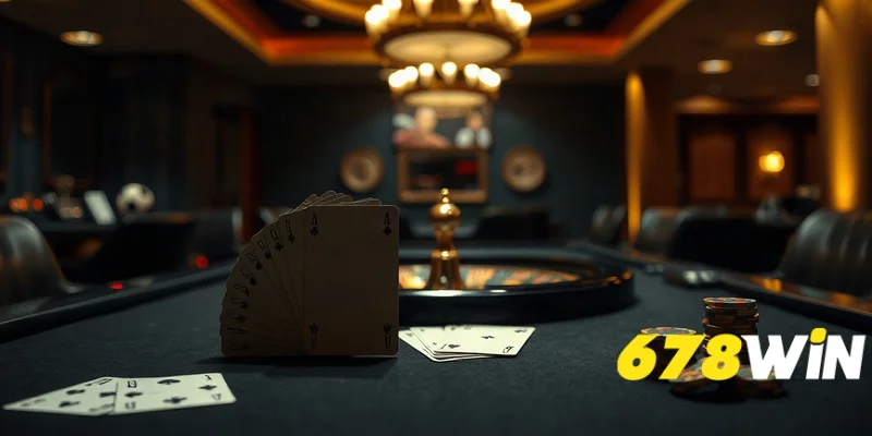 Bàn chơi casino trống với bài và chip xếp gọn, không có người, ánh sáng dịu.
