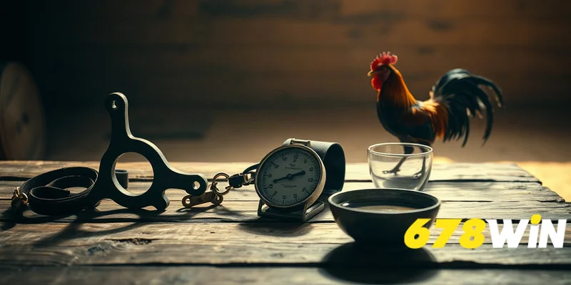 Cận cảnh cựa tròn bằng nhựa, dây da và cân nhỏ trên bàn gỗ để soi kèo.