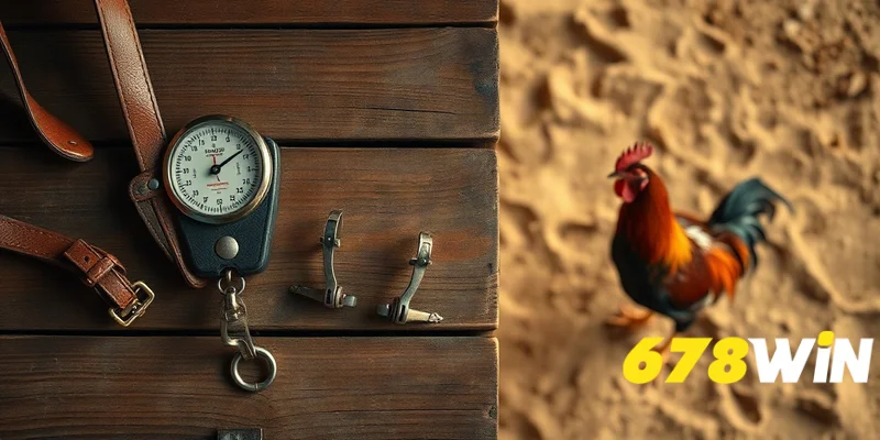 Cận cảnh phụ kiện đá gà trên nền gỗ, cân và cựa sắt, ánh sáng ấm