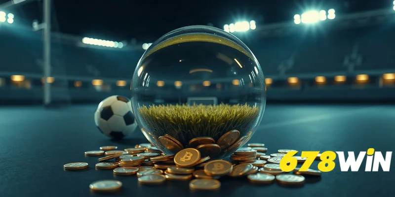 Quả cầu thủy tinh chứa sân bóng và tiền vàng minh họa xác suất ngầm định