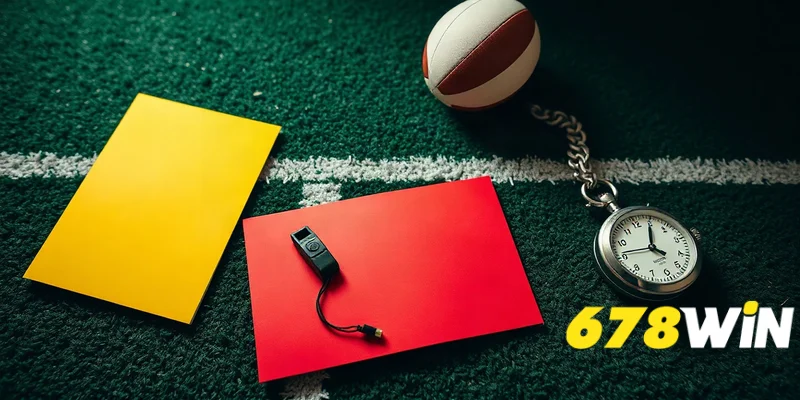 Thẻ vàng, thẻ đỏ, còi và đồng hồ trọng tài xếp trên mặt cỏ xanh có vạch kẻ trắng.