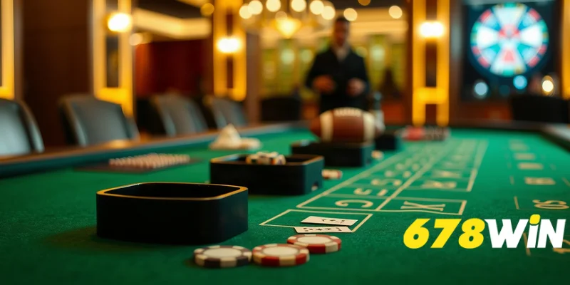 Bàn baccarat với giày chia bài và khay chip trên nền nhung xanh, ánh sáng dịu