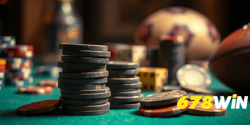 Cận cảnh chip poker xếp chồng trên nền nhung xanh, chi tiết xước và ánh sáng ấm