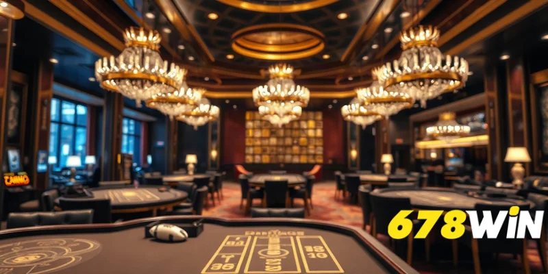 Toàn cảnh sàn casino sang trọng với bàn baccarat và đèn chùm, không khí buổi tối