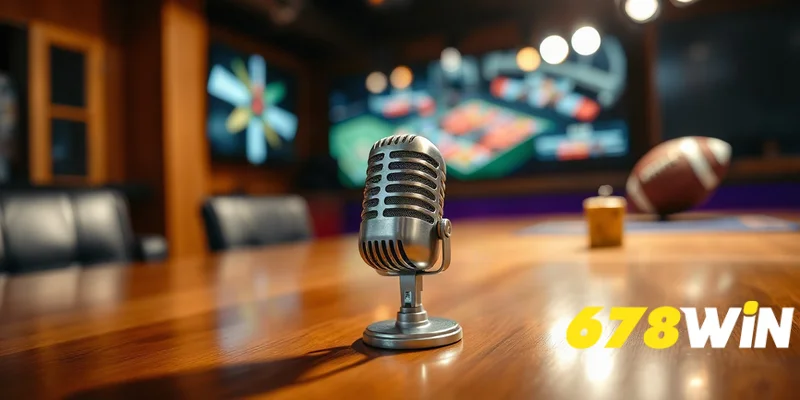 Microphone bạc nhỏ trên bàn gỗ trong studio phát sóng live casino