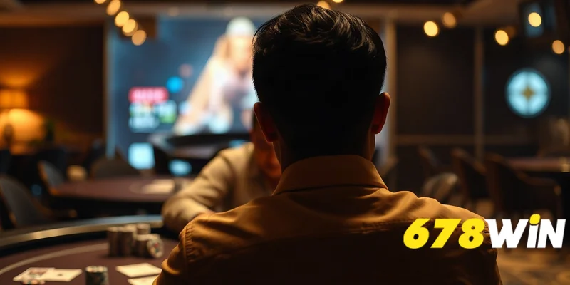 Người chơi ngồi quay lưng tại bàn casino với bài và chip