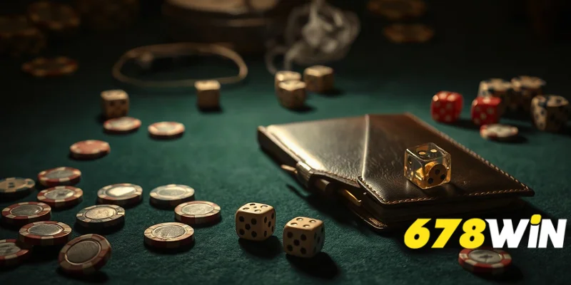 Chip poker và xúc xắc trên bàn nỉ xanh dưới ánh đèn kịch tính