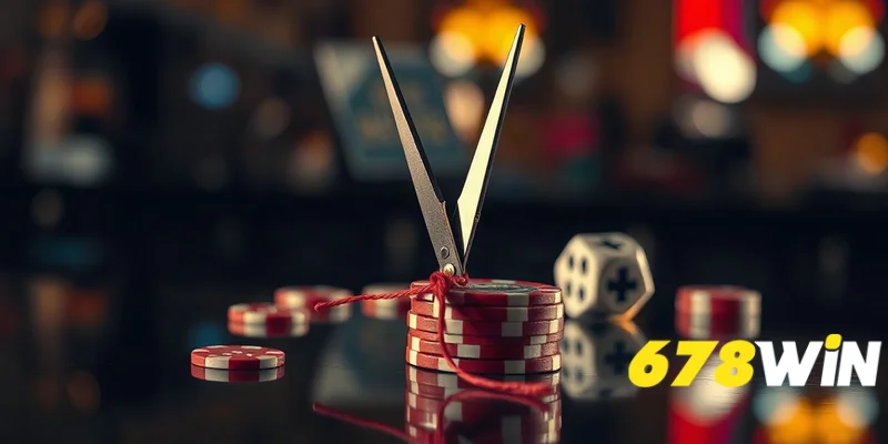 Cây kéo cắt sợi dây đỏ quấn quanh chip poker