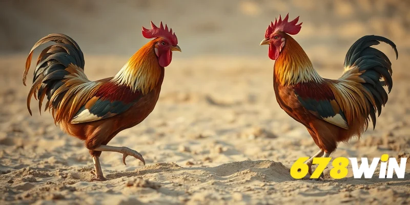 Hai chú gà chọi đối đầu trong sân cát với lưỡi dao nhỏ sắc bén gắn ở chân